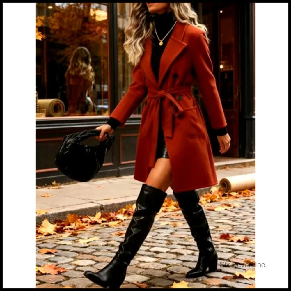 Winter Wool Pea Coat Double Breasted Belted Long Jacket - Picture 3 of 7